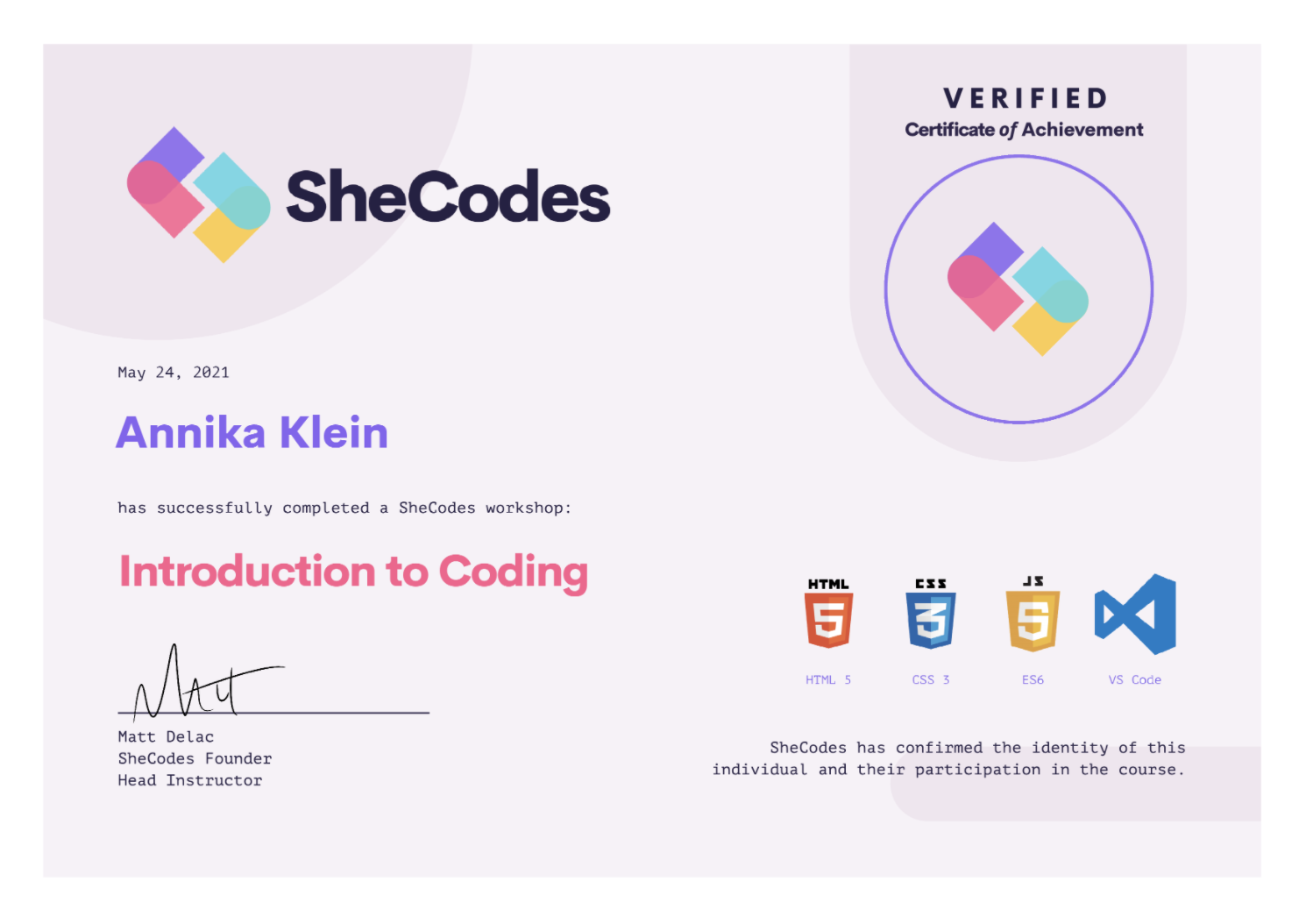 SheCodes Basics Certificate